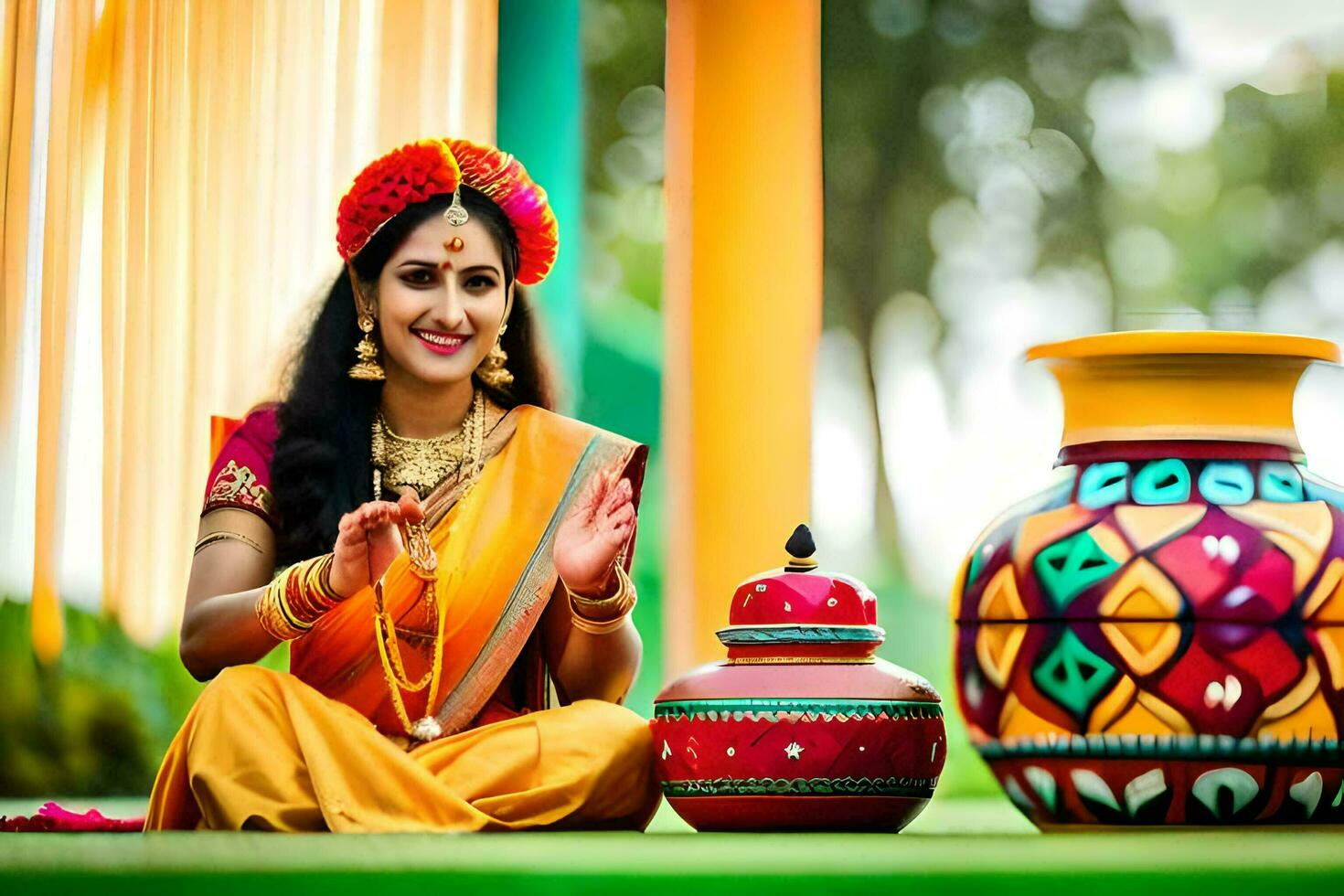 un mujer en tradicional indio atuendo se sienta siguiente a un maceta. generado por ai foto