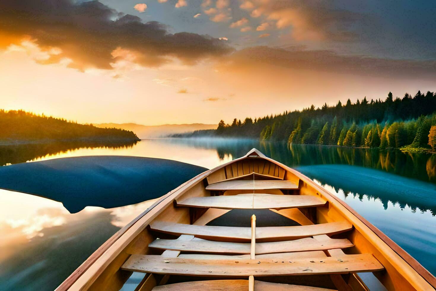 a canoe is floating on the water at sunset. AI-Generated photo