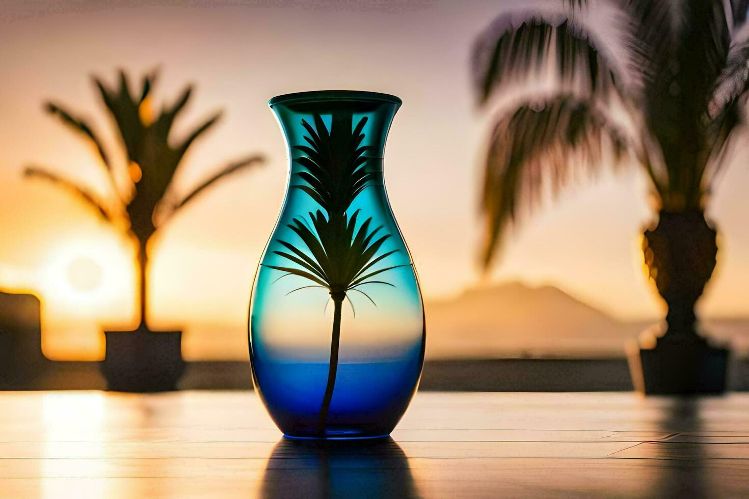 a blue vase with a palm tree in the background. AI-Generated photo