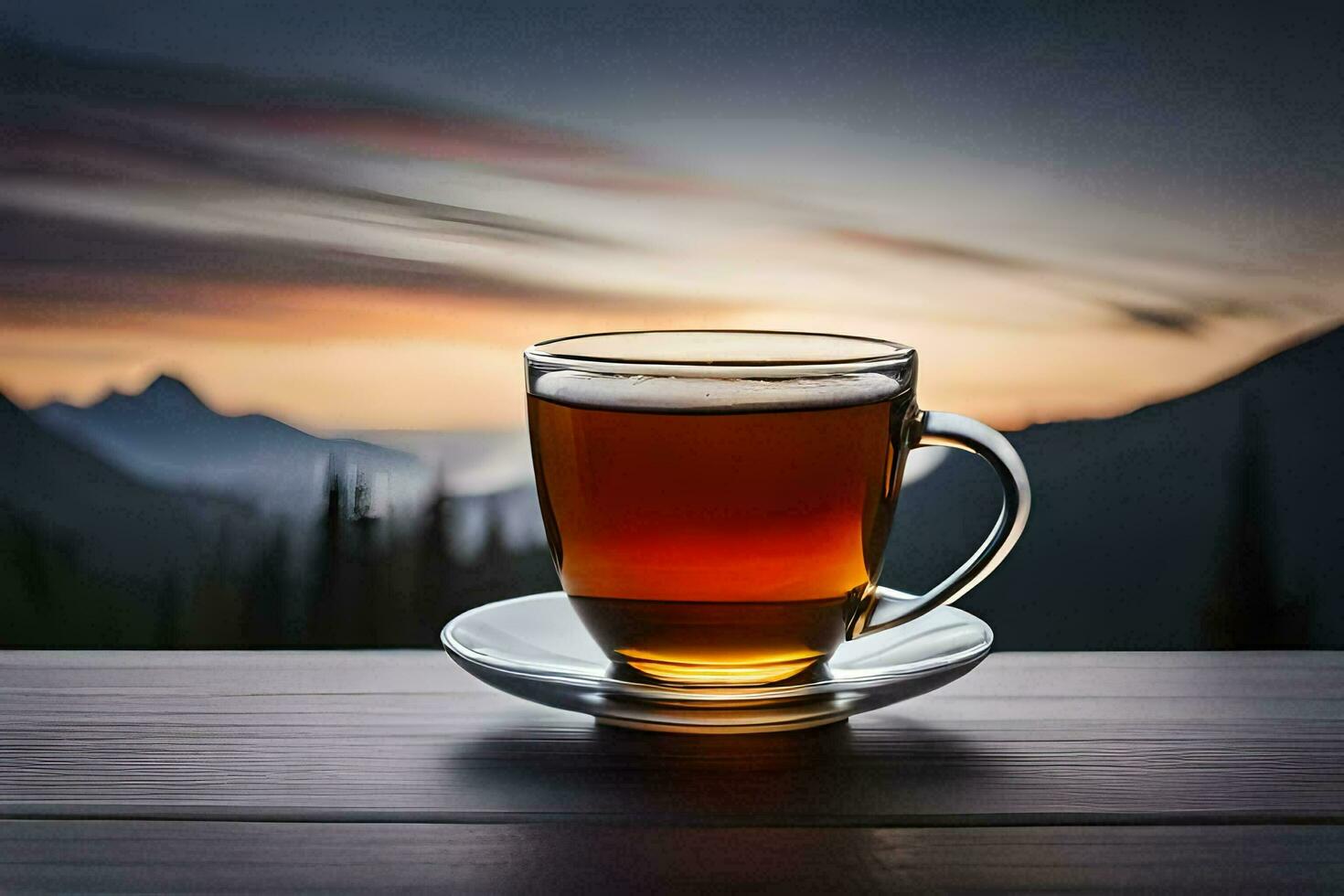 un taza de té en un mesa en frente de montañas. generado por ai foto