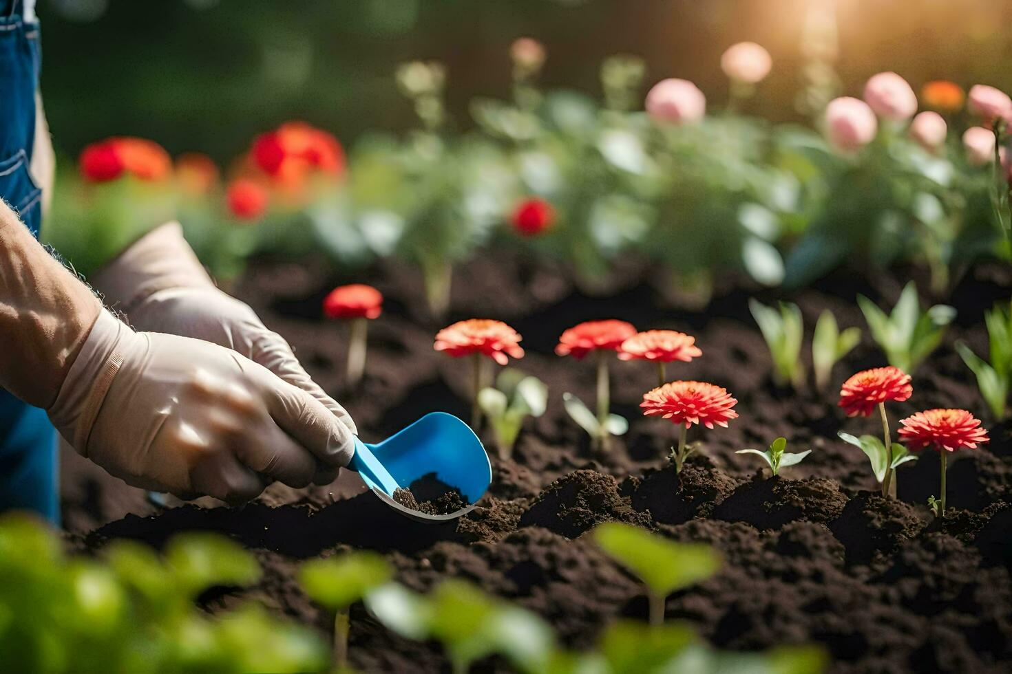 a person is using a shovel to dig dirt in a garden. AI-Generated photo