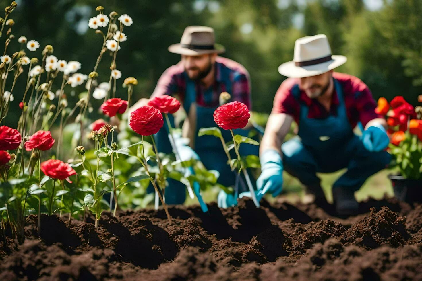 two men in hats and overalls are planting flowers. AI-Generated photo