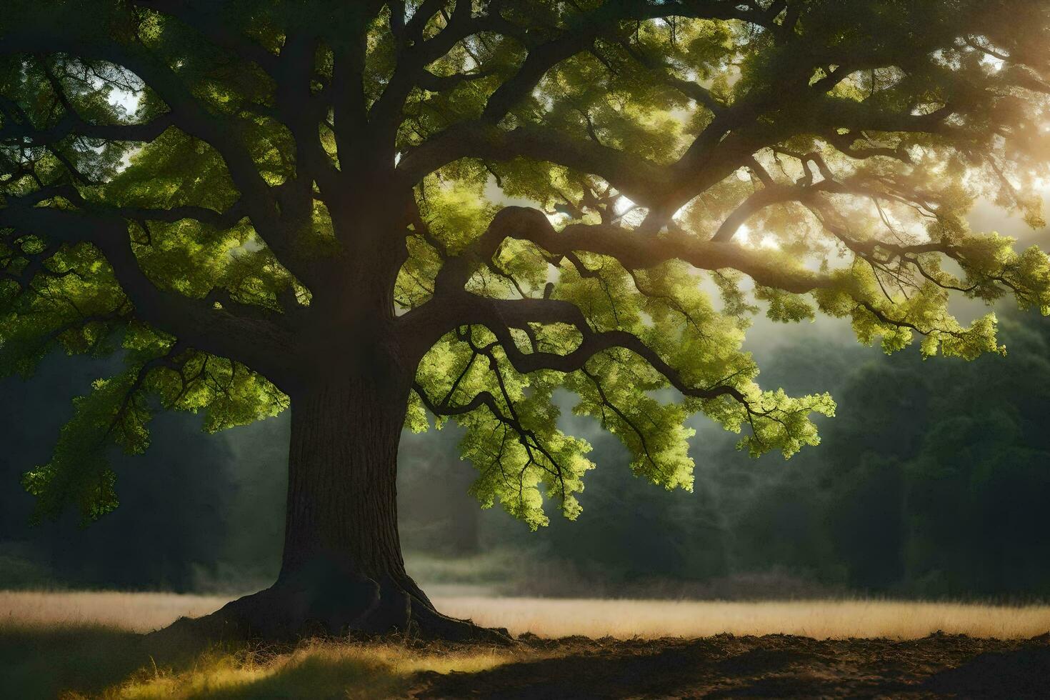 a large tree in the middle of a field. AI-Generated photo