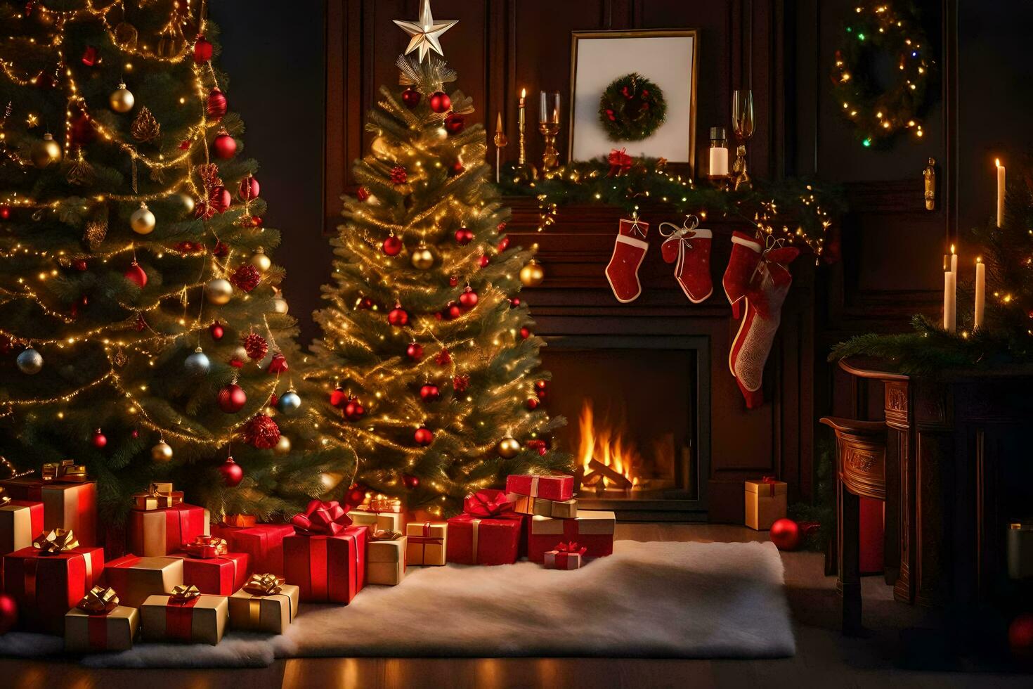 christmas tree in a room with presents and a fireplace. AI-Generated photo