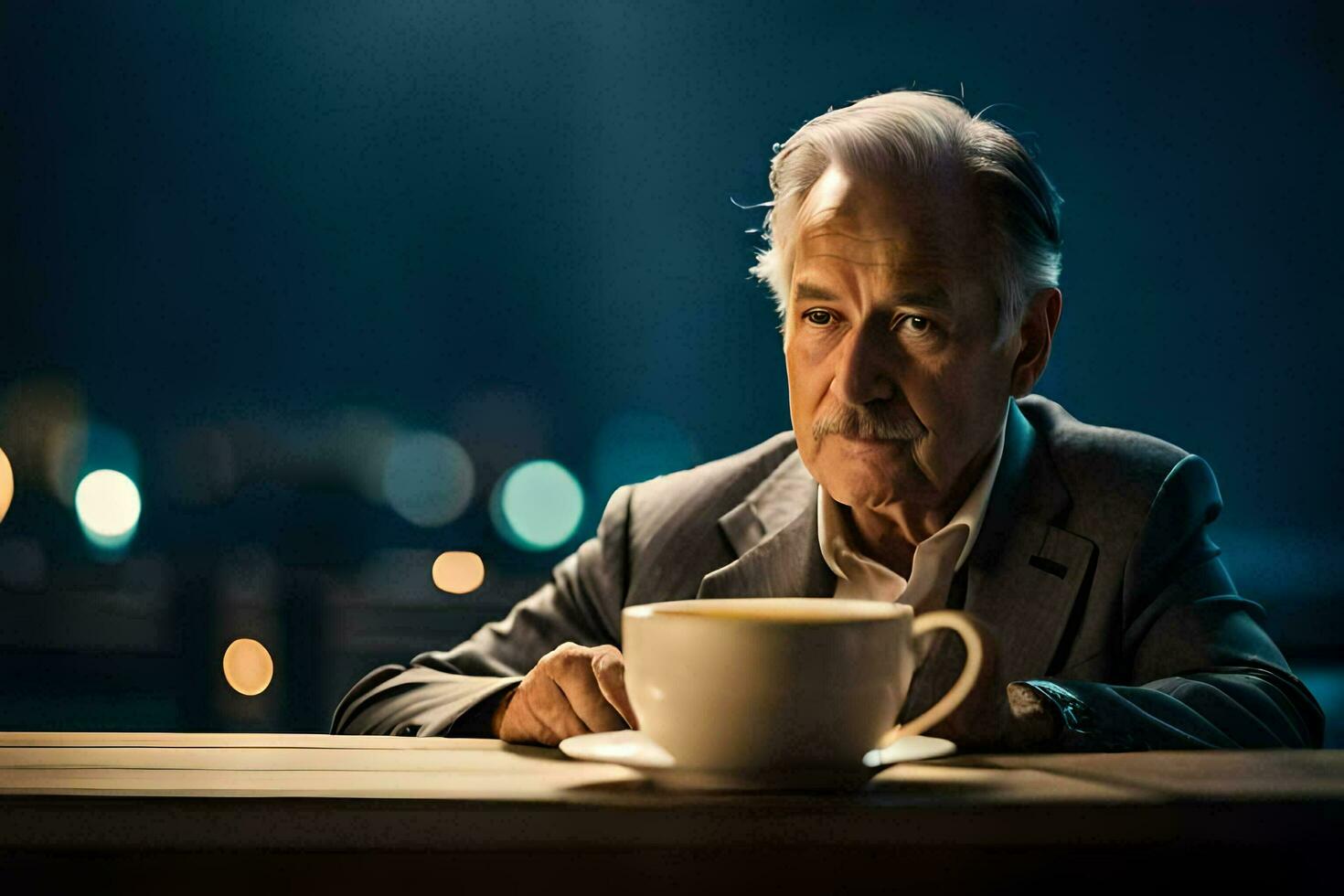 an older man sitting at a table with a cup of coffee. AI-Generated photo