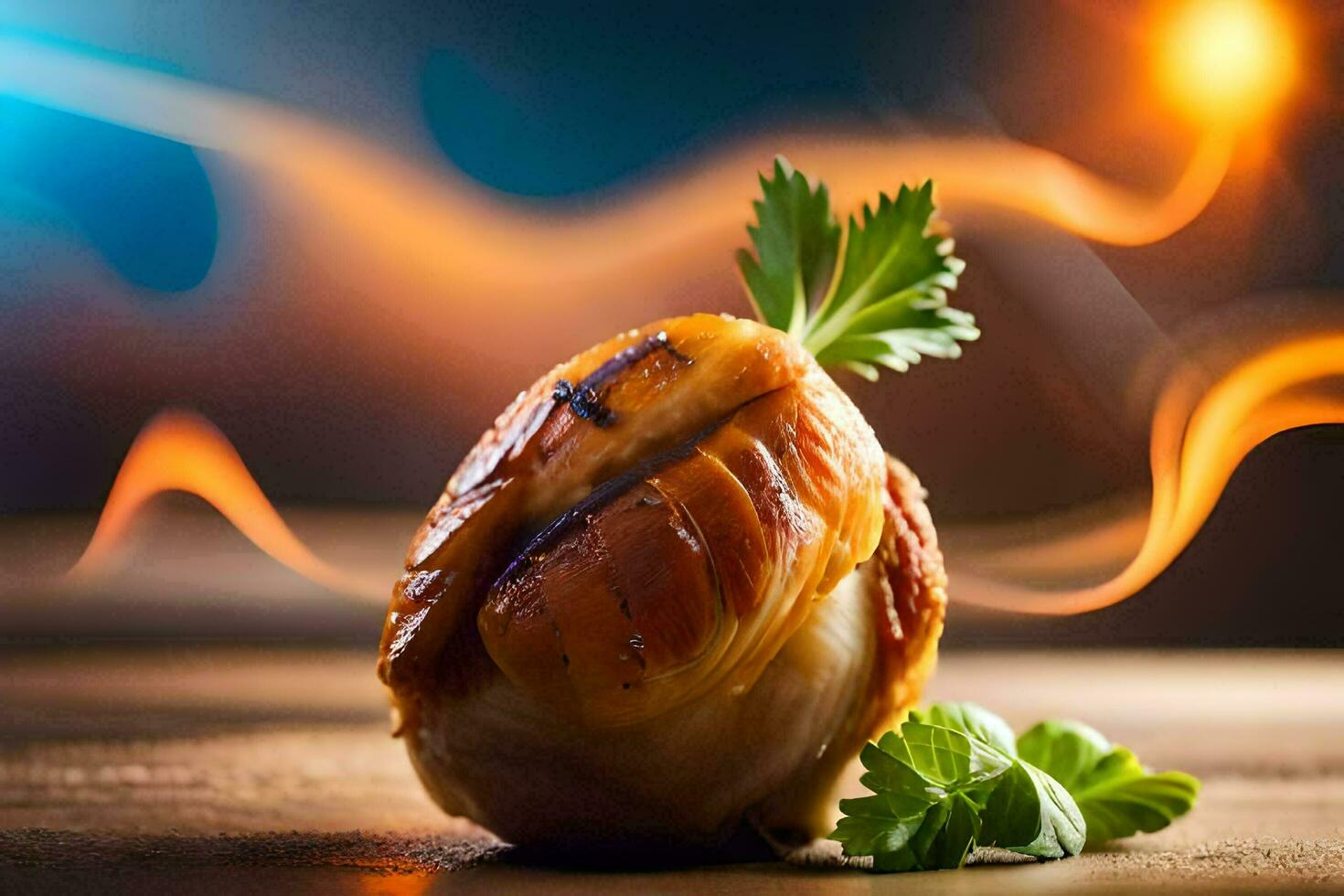 grilled chicken on a wooden table with smoke. AI-Generated photo