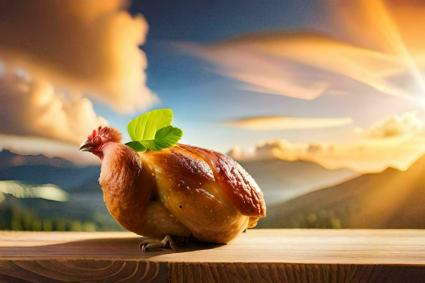 a chicken is sitting on a wooden table with a sunset in the background. AI-Generated photo