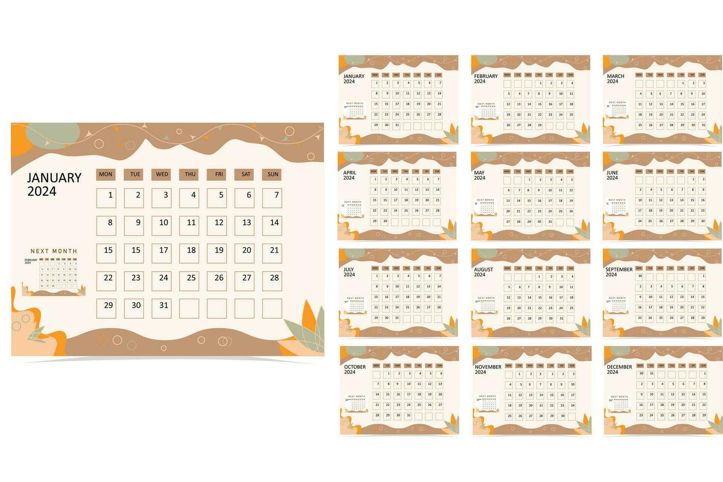 Hand drawn stylish modern 2024 annual calendar template vector