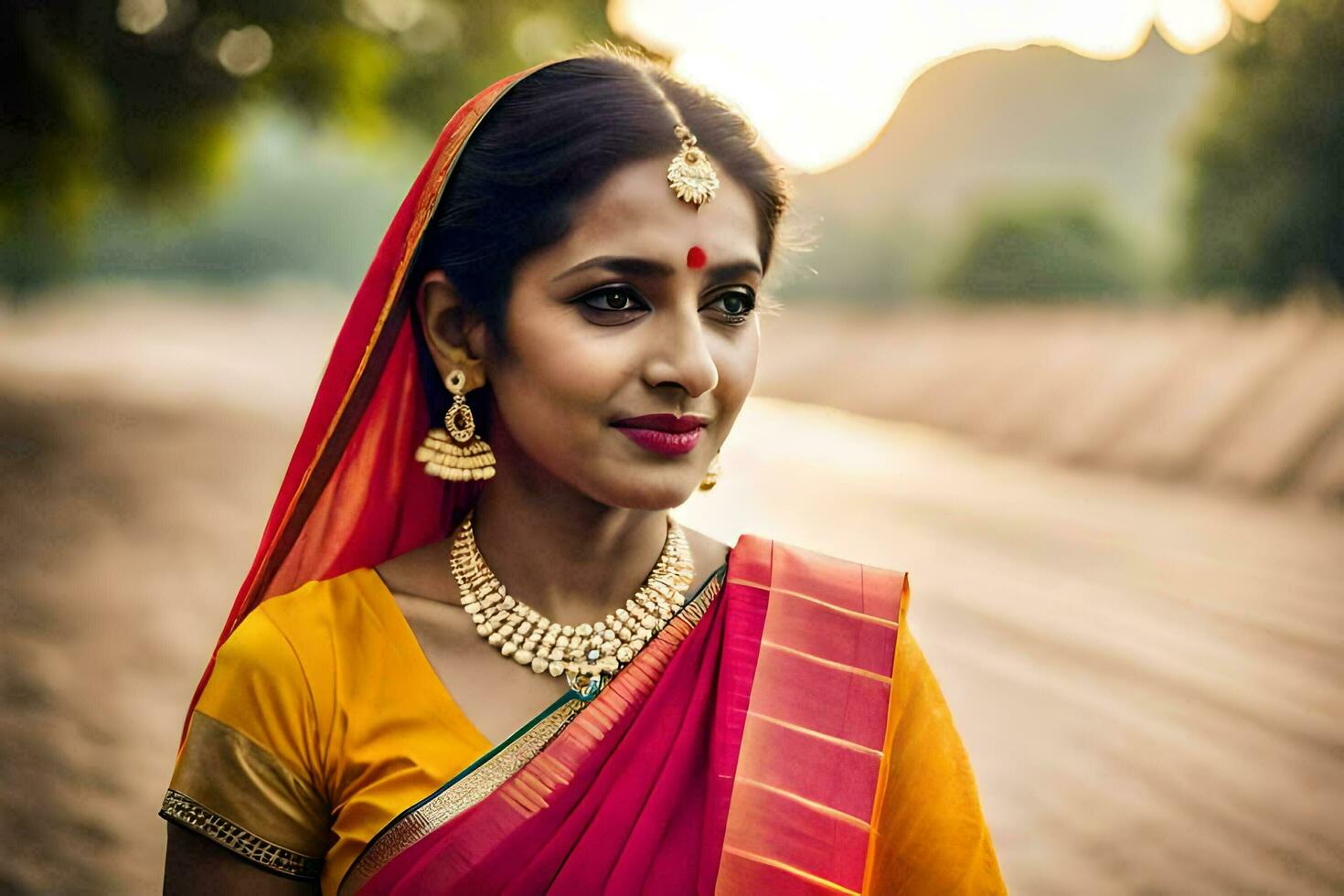 a woman in a sari poses for a portrait. AI-Generated photo