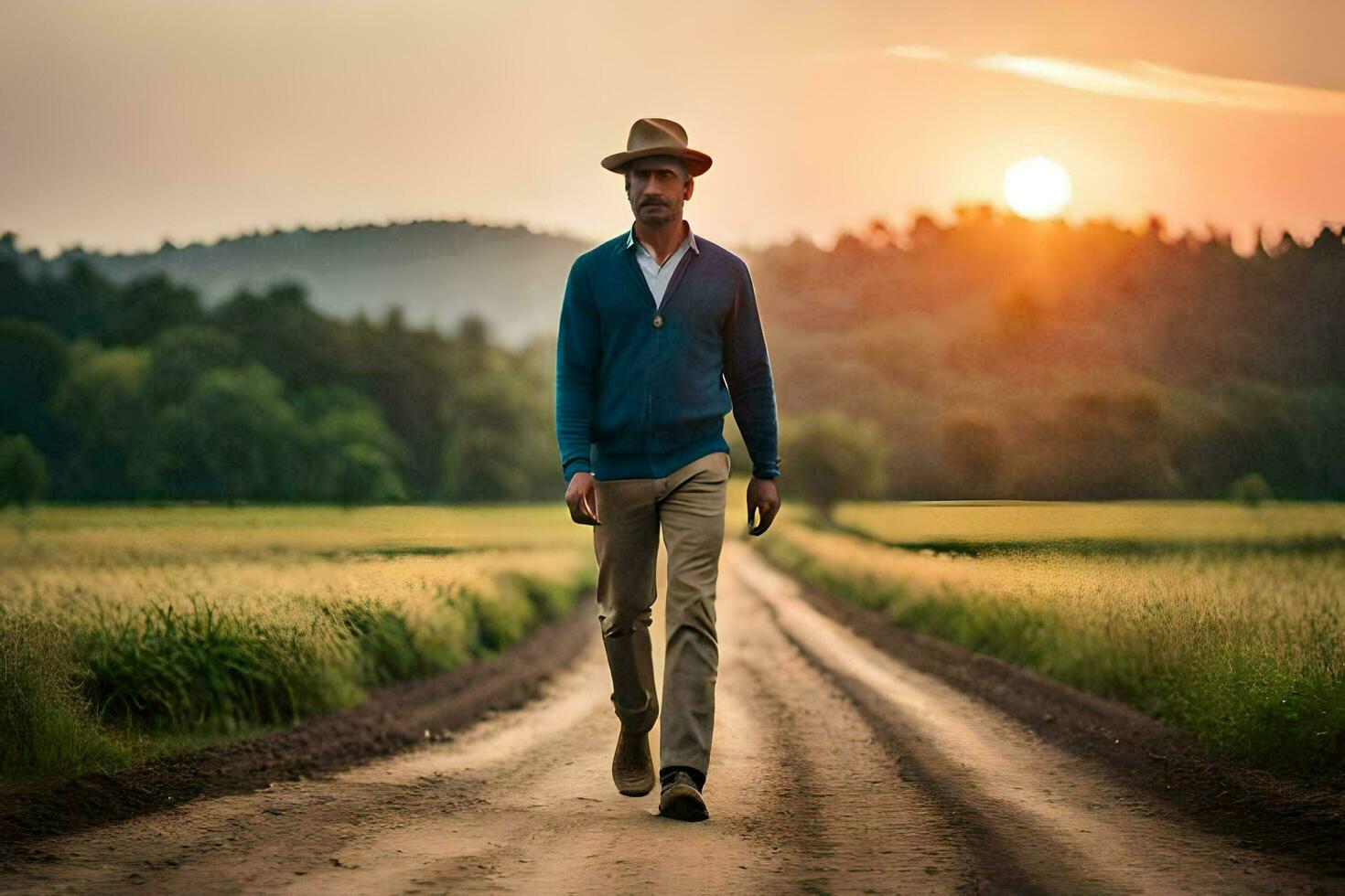 a man walking on a dirt road at sunset. AI-Generated photo