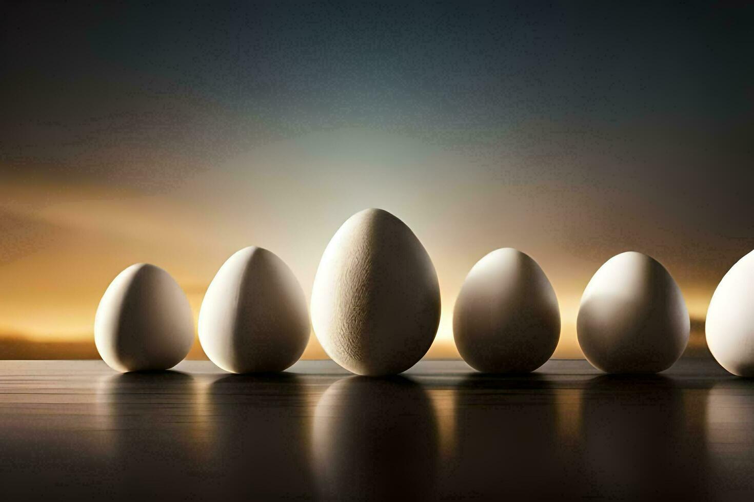 five white eggs are lined up in a row. AI-Generated photo
