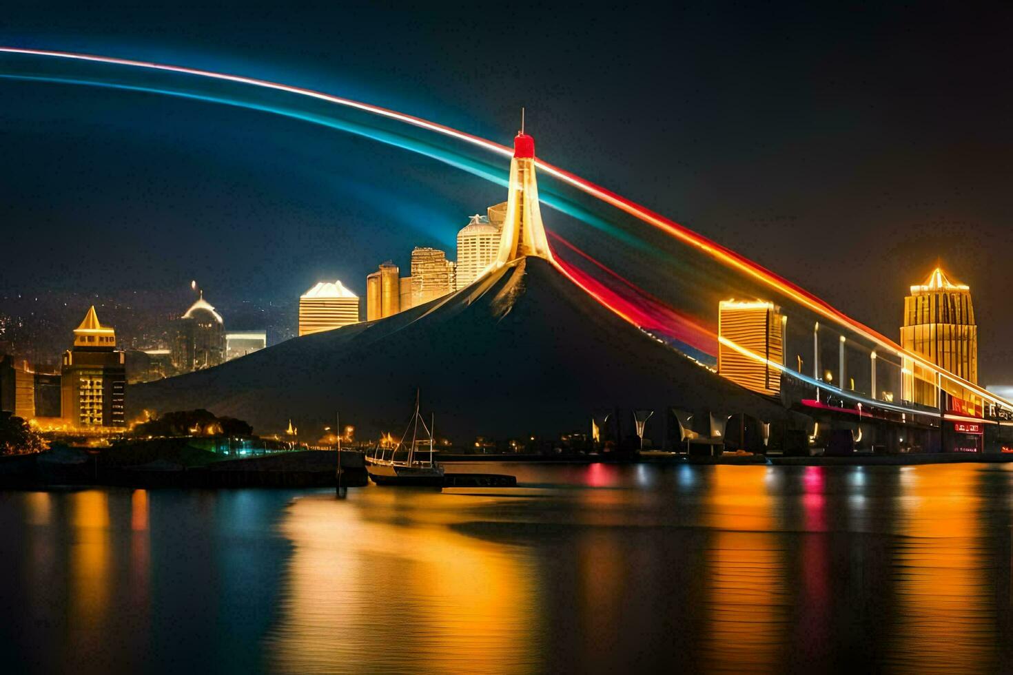 the city lights are lit up in a rainbow. AI-Generated photo