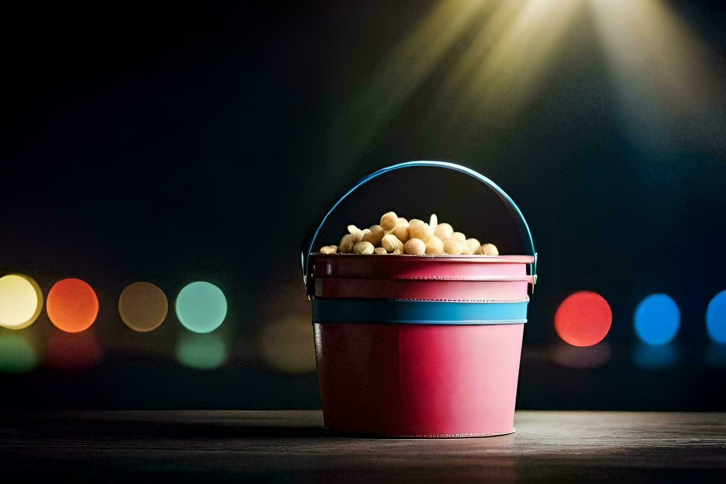 a bucket of popcorn on a table with lights in the background. AI-Generated photo