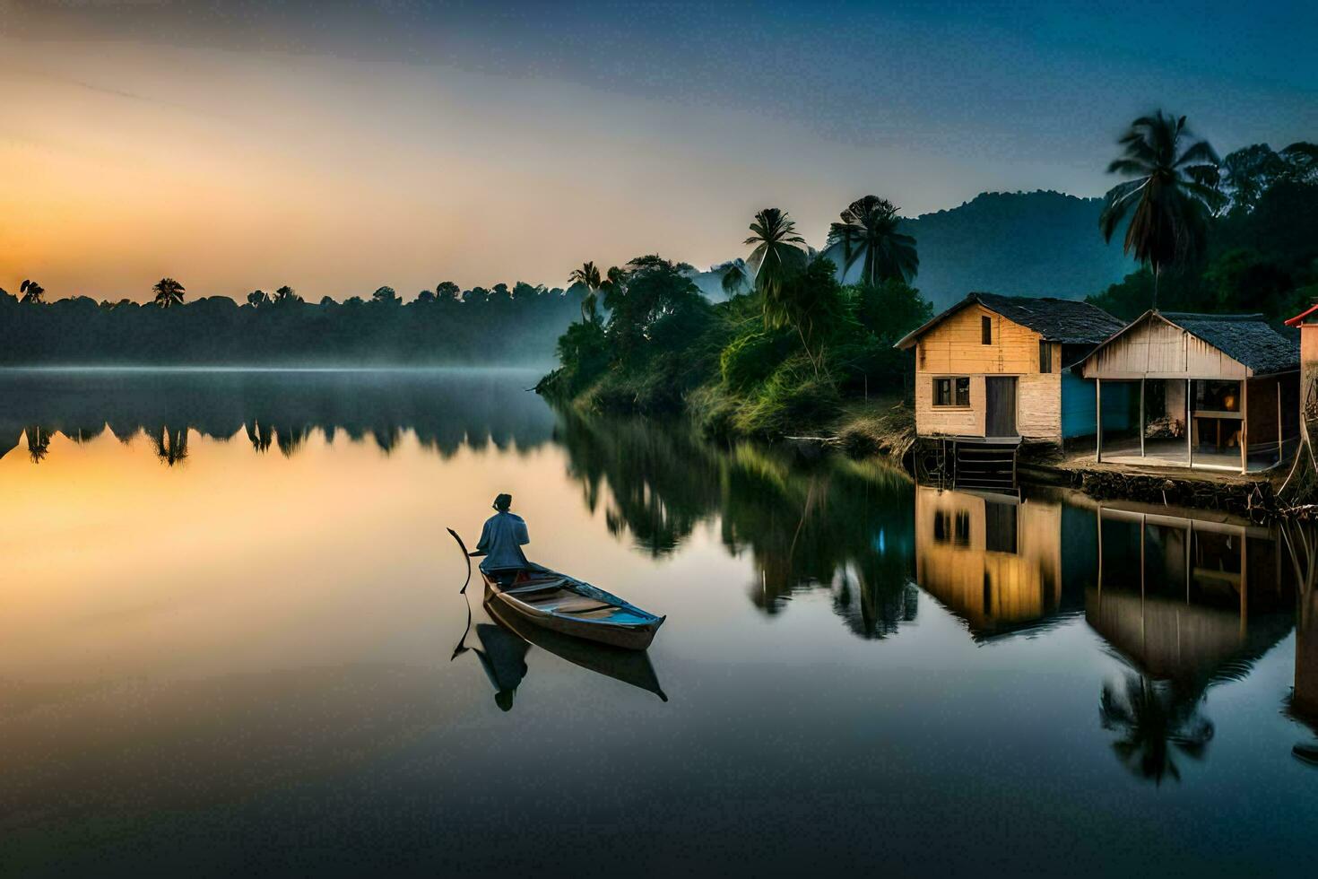 a man in a boat on the river at sunrise. AI-Generated photo