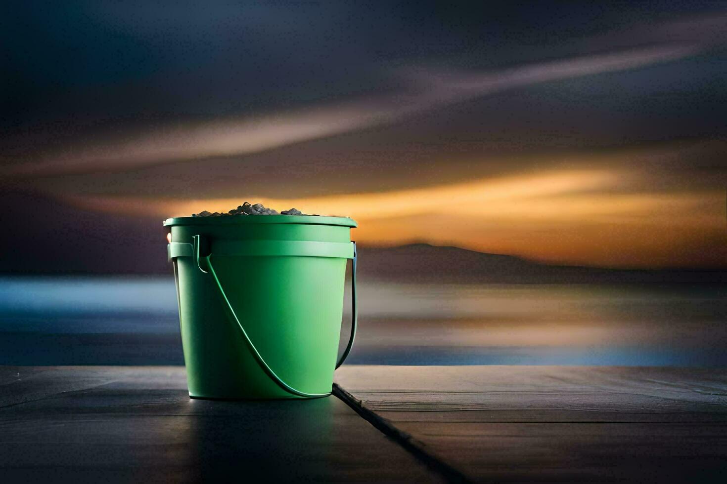a green bucket sitting on a wooden table with a sunset in the background. AI-Generated photo