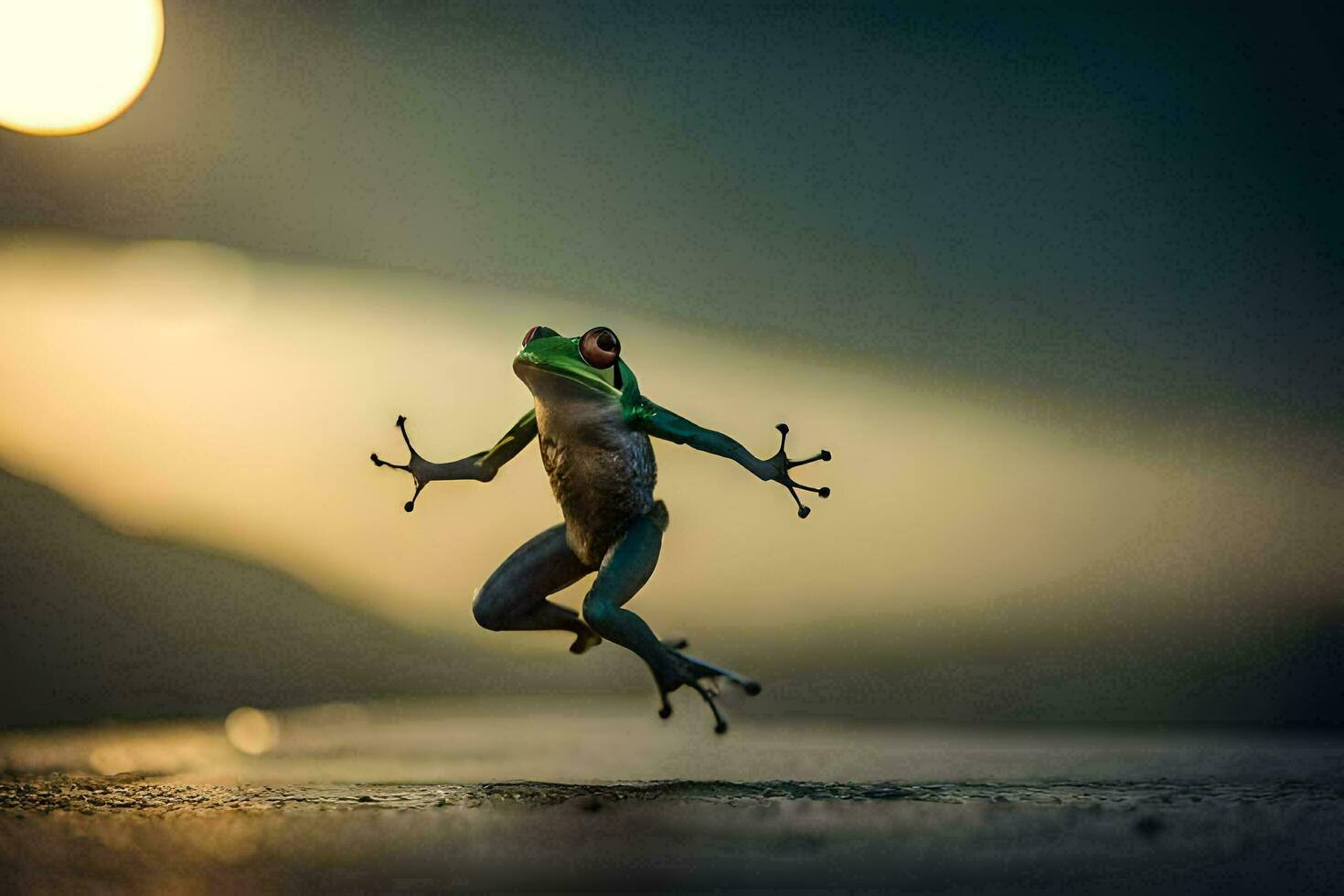 a frog jumping in the air with the sun in the background. AI-Generated photo