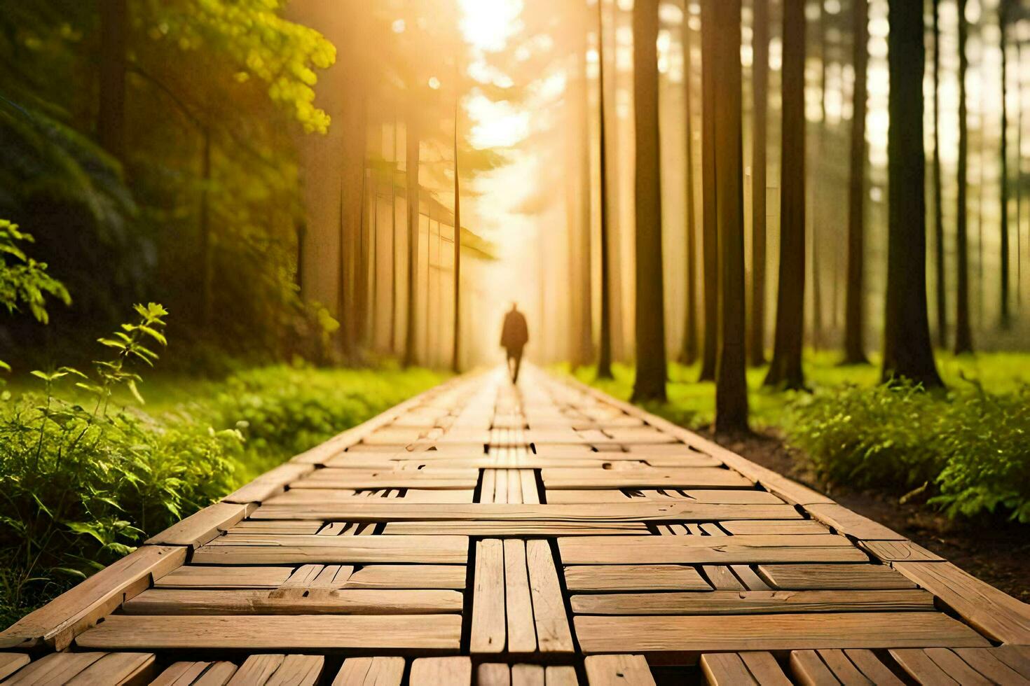 a person walking on a wooden path through a forest. AI-Generated photo