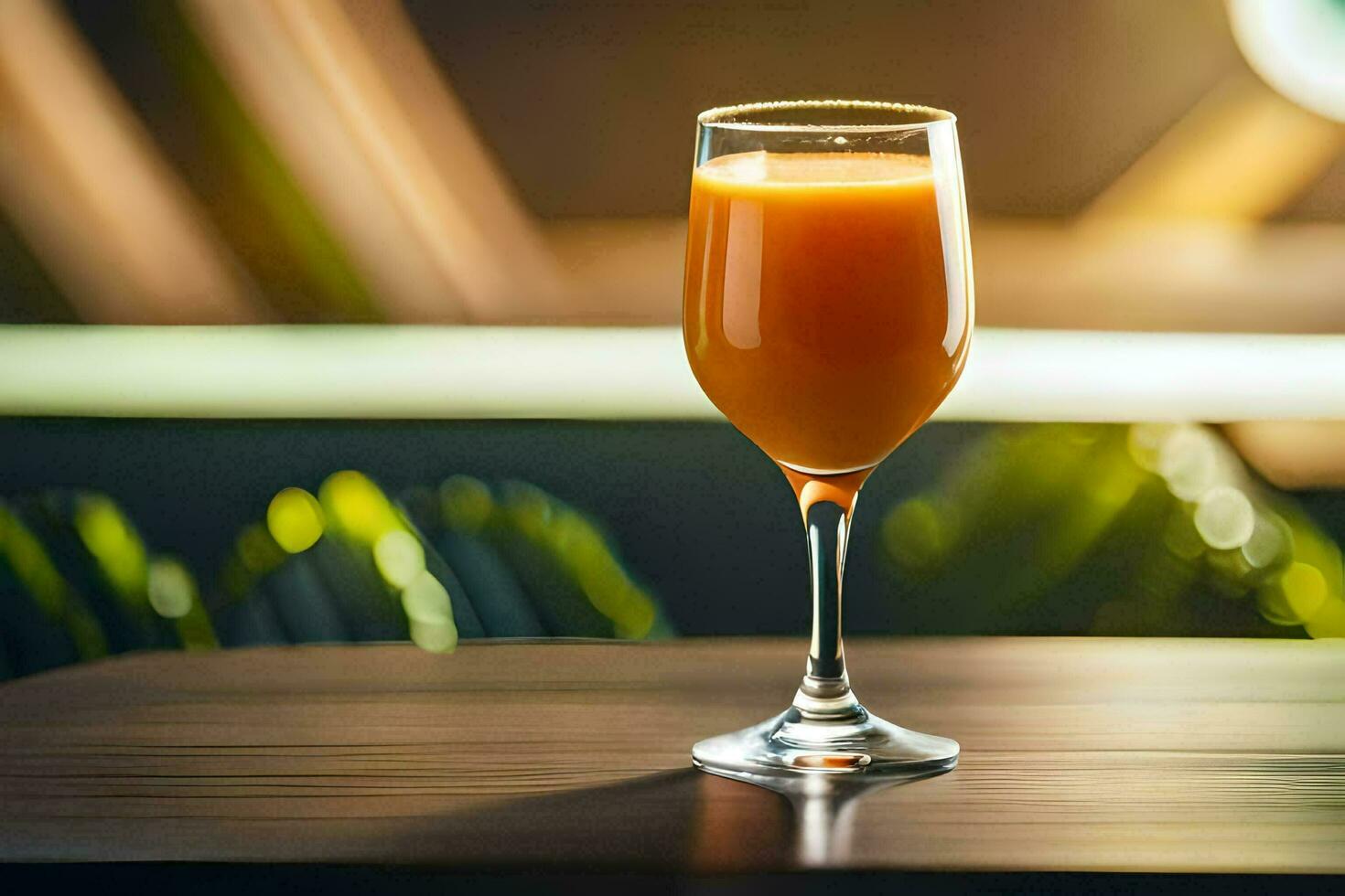 a glass of orange juice sitting on a table. AI-Generated photo
