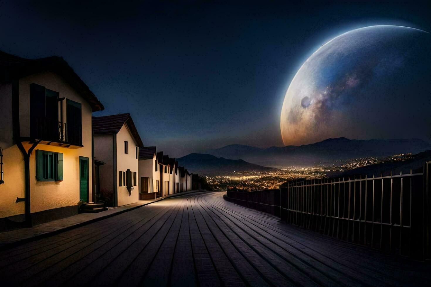 photo wallpaper the sky, night, moon, houses, the city, the moon, the sky. AI-Generated