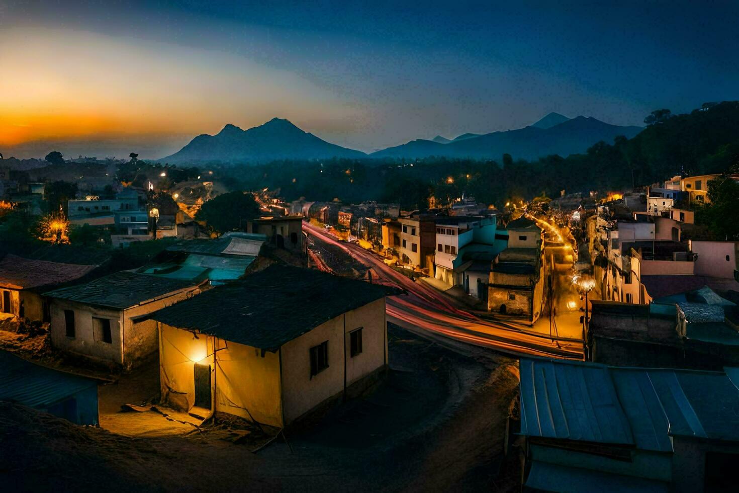 a city at dusk with a mountain in the background. AI-Generated photo