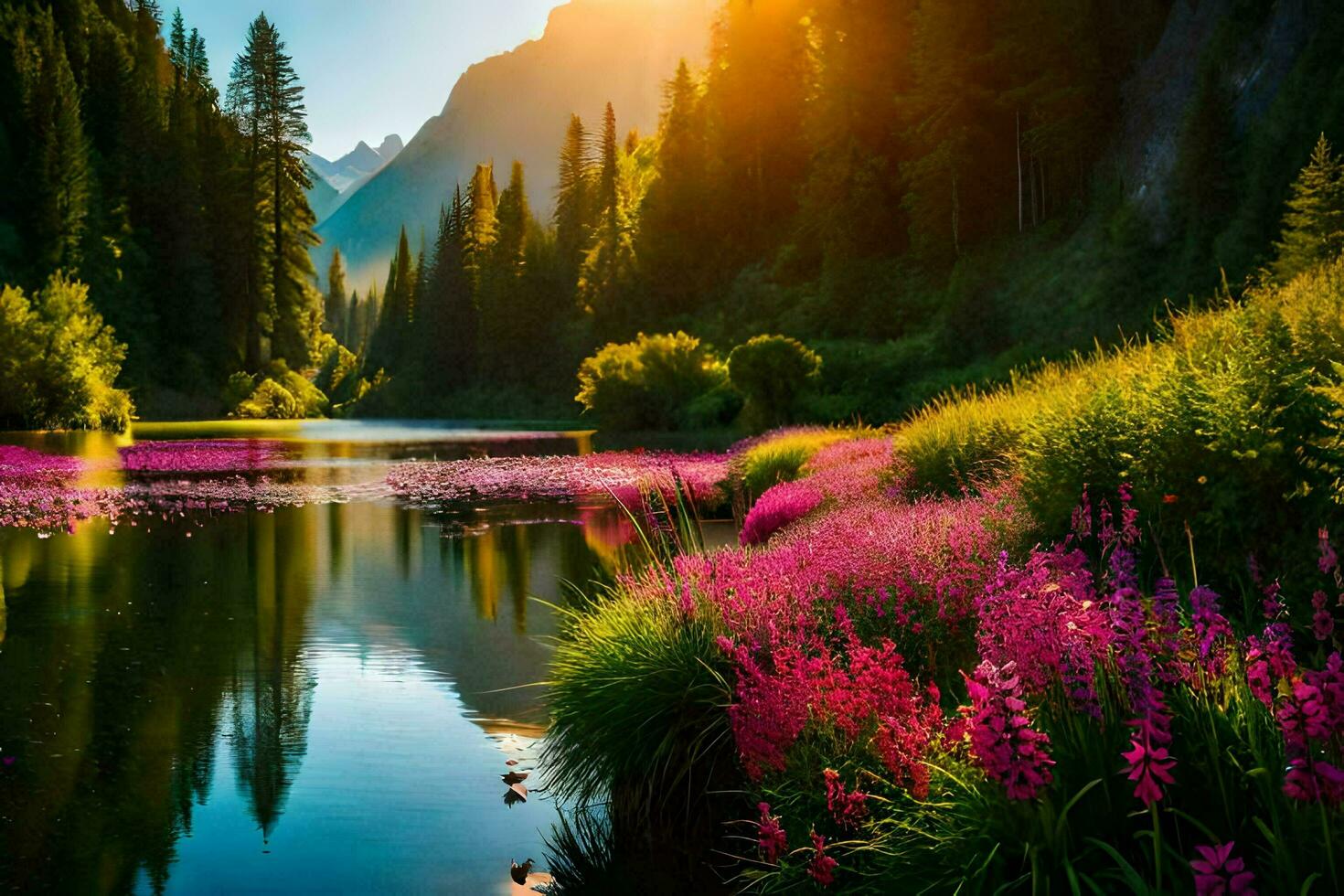 beautiful landscape with pink flowers and mountains at sunset. AI-Generated photo