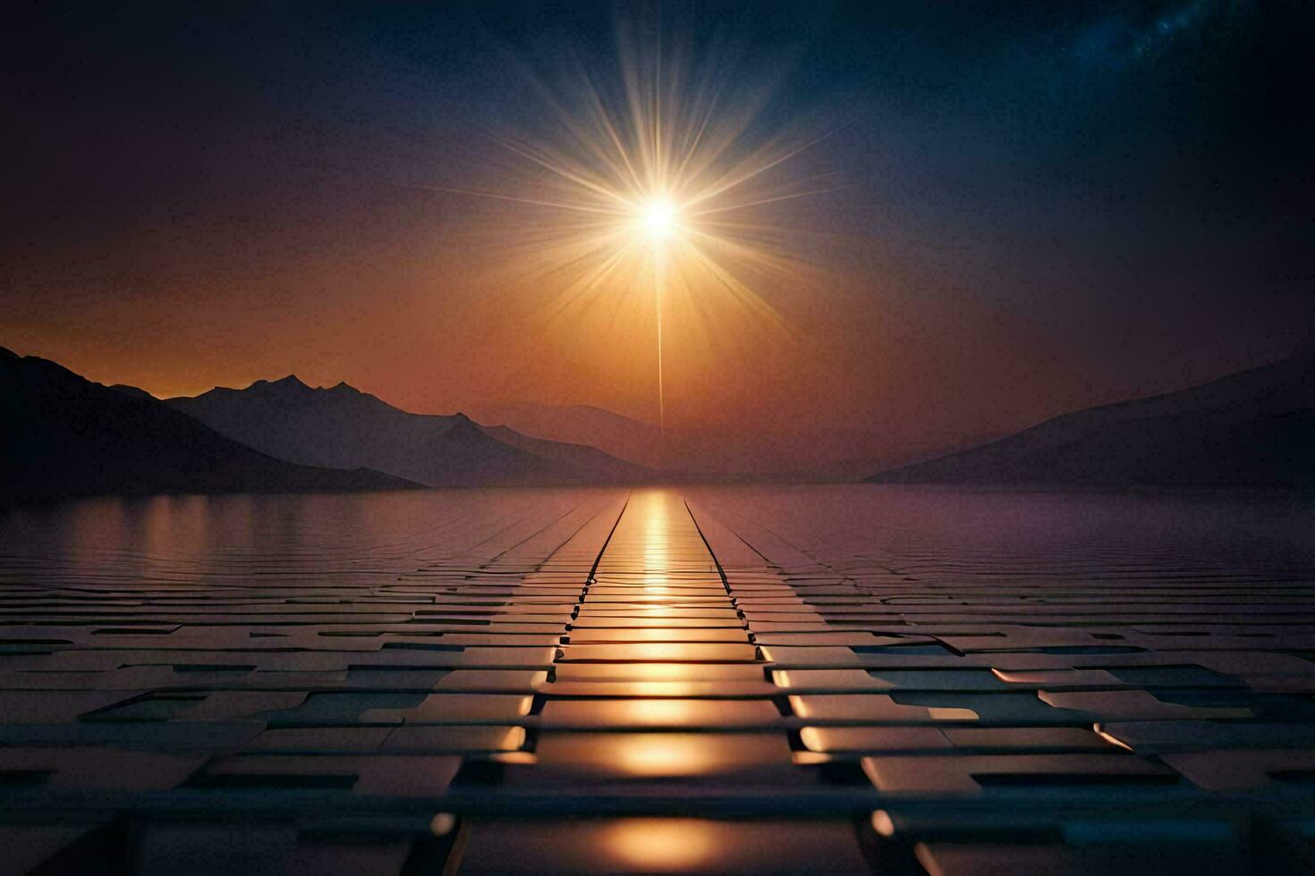 the sun shines over a lake and a bridge. AI-Generated photo