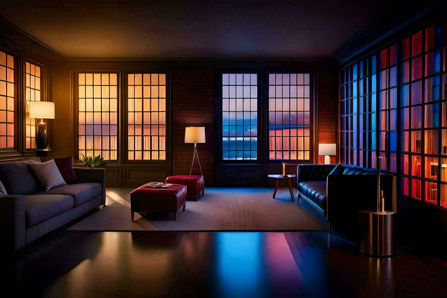 a living room with a large window and a couch. AI-Generated photo