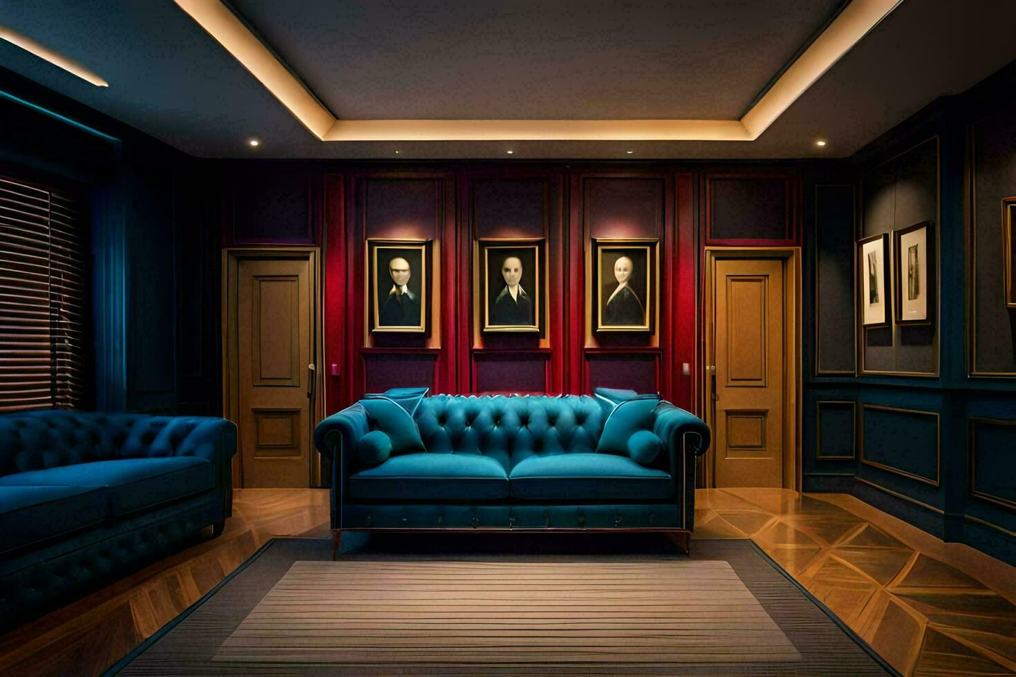 a blue couch and two chairs in a room with red walls. AI-Generated photo