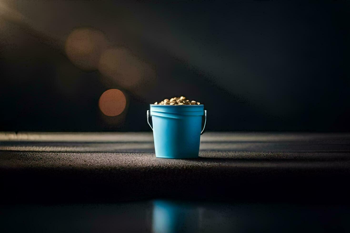 a blue bucket with peanuts sitting on a table. AI-Generated photo