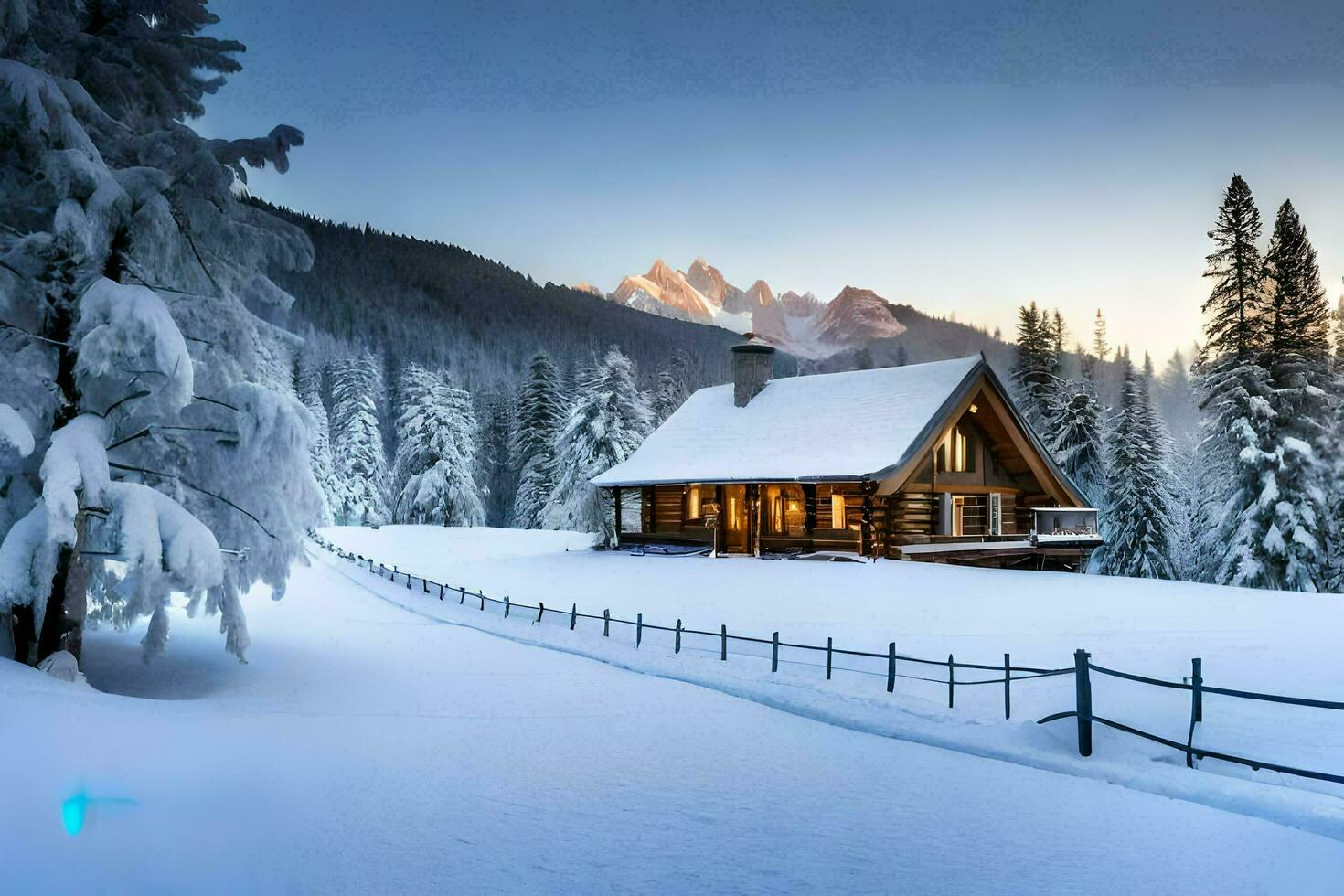 a cabin in the snow with trees and mountains in the background. AI-Generated photo