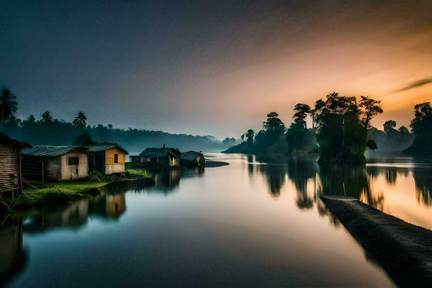 a river with houses on the shore at sunset. AI-Generated photo