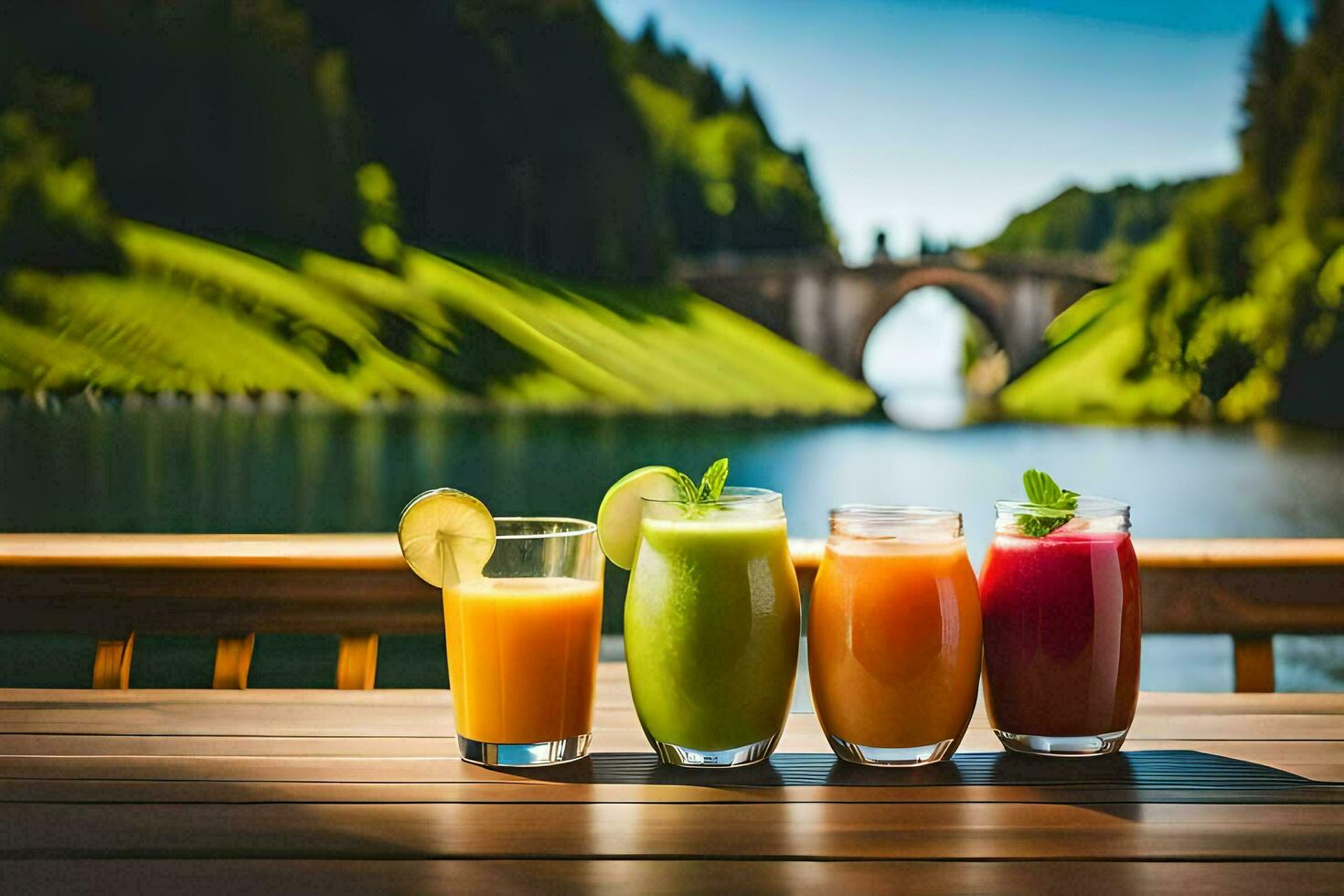 Tres lentes de jugo en un de madera mesa. generado por ai foto