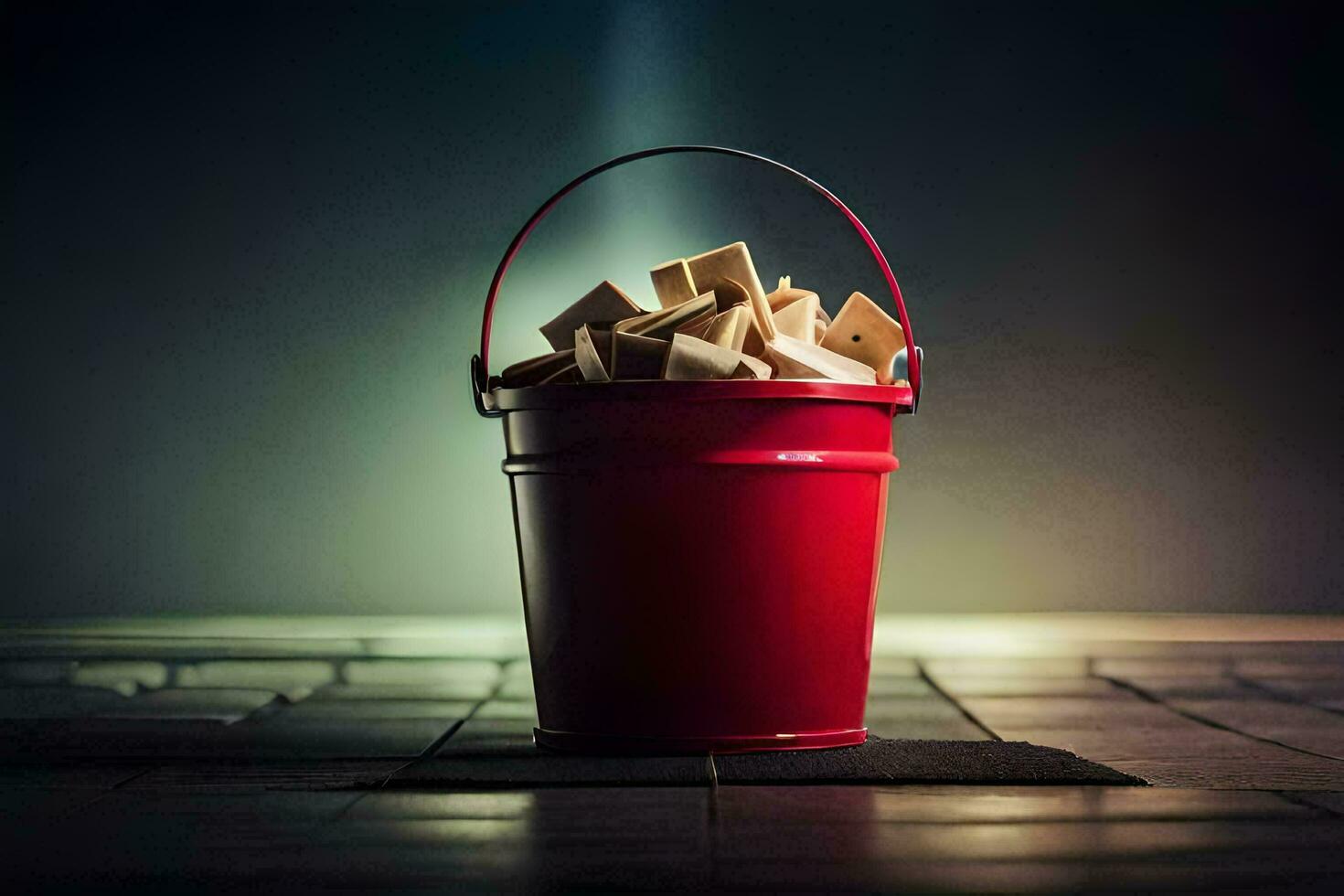 a bucket full of wood chips sitting on a floor. AI-Generated photo