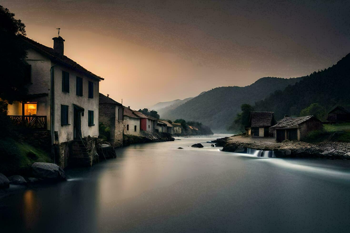 a river runs through a village at sunset. AI-Generated photo