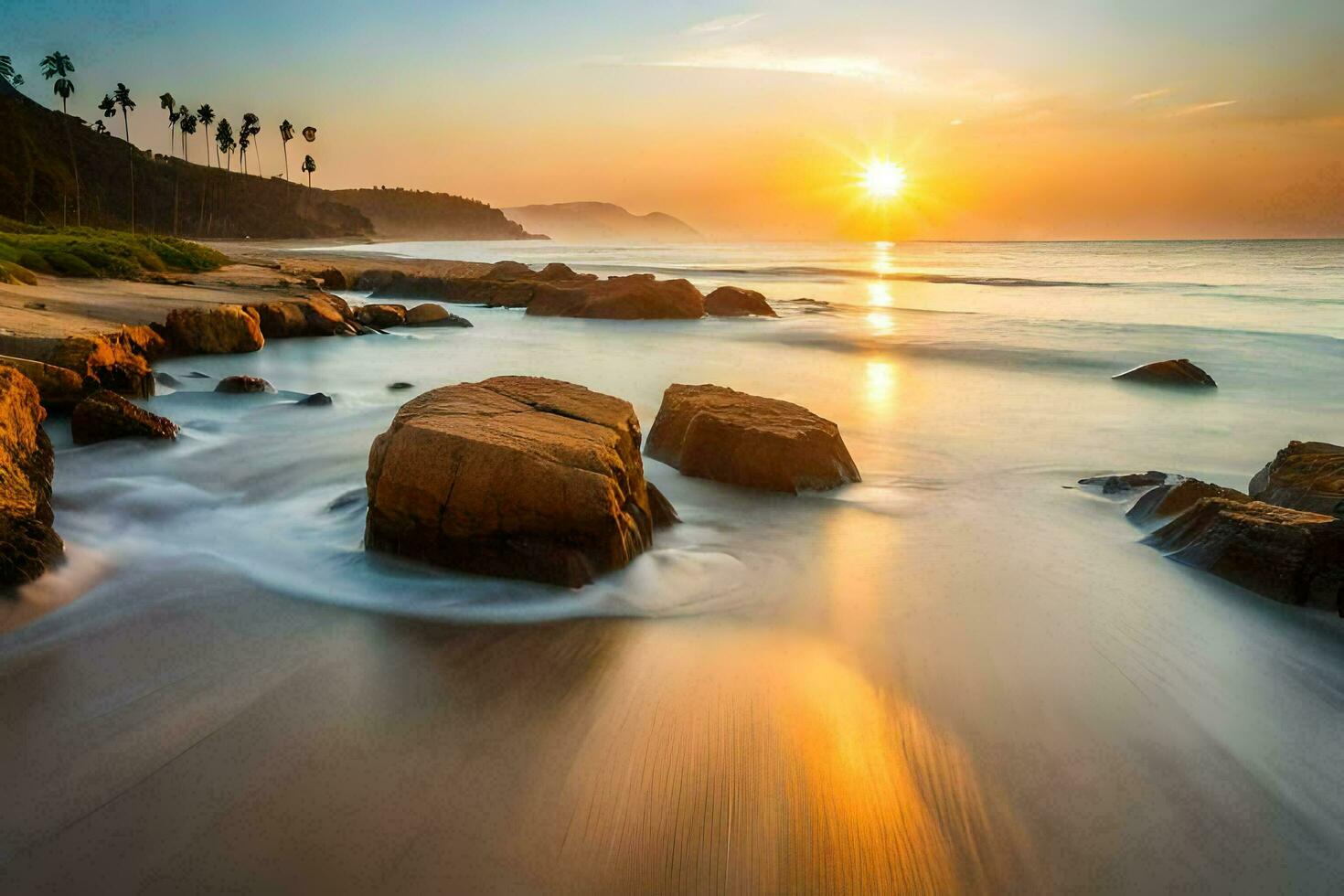 the sun rises over the ocean and rocks in the foreground. AI-Generated photo