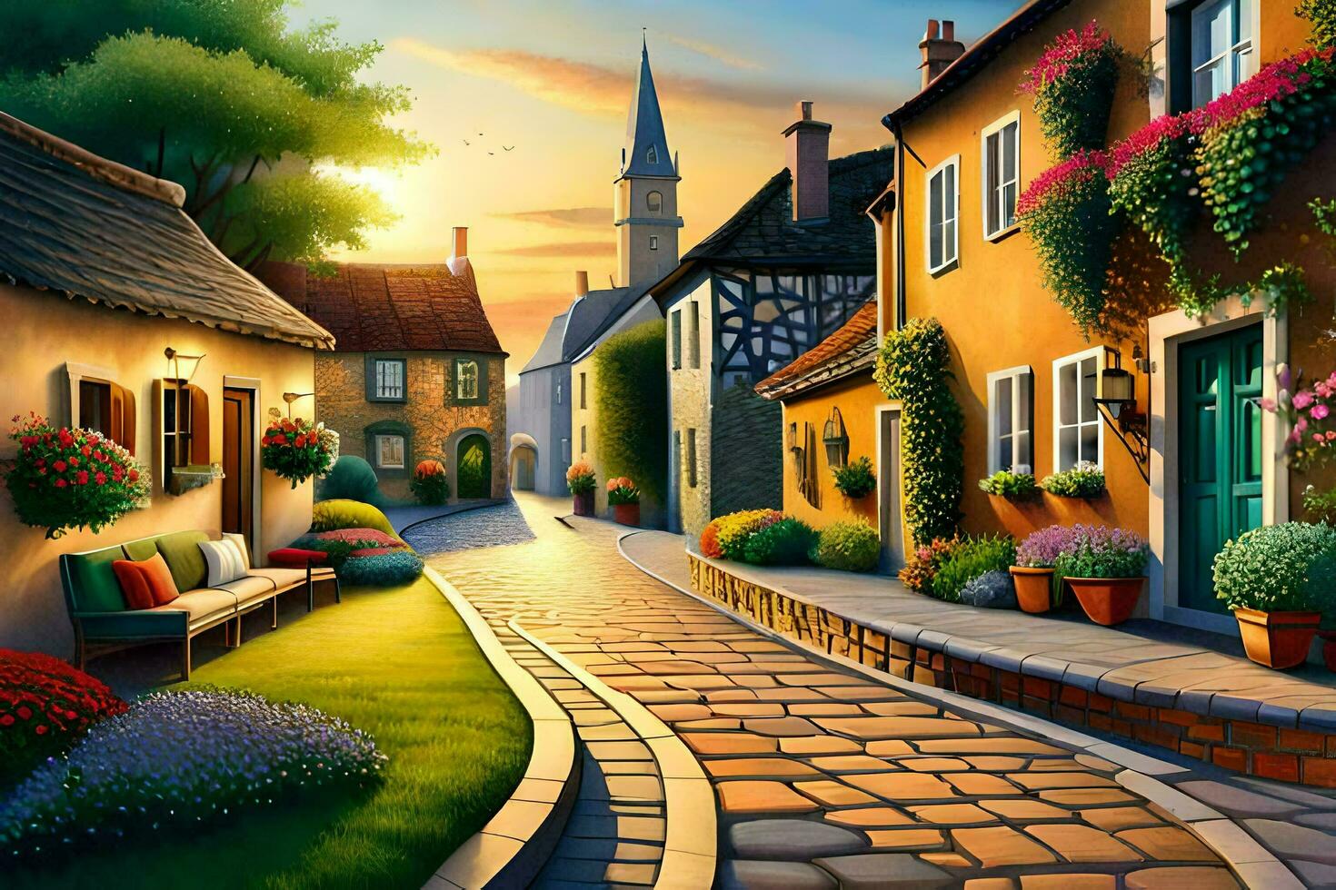 an illustration of a street in a village. AI-Generated photo
