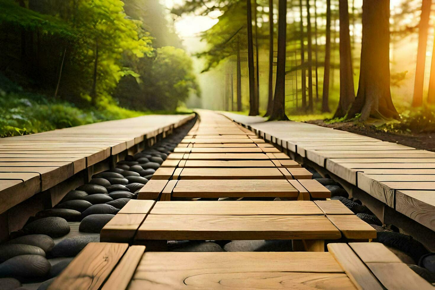 a wooden path in the woods with rocks and trees. AI-Generated photo