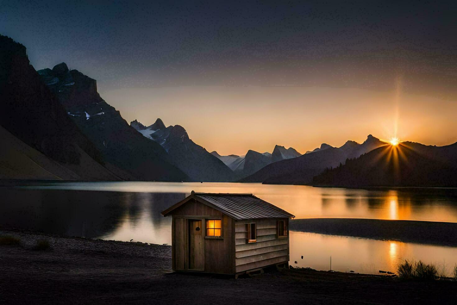 a small cabin sits on the shore of a lake at sunset. AI-Generated photo