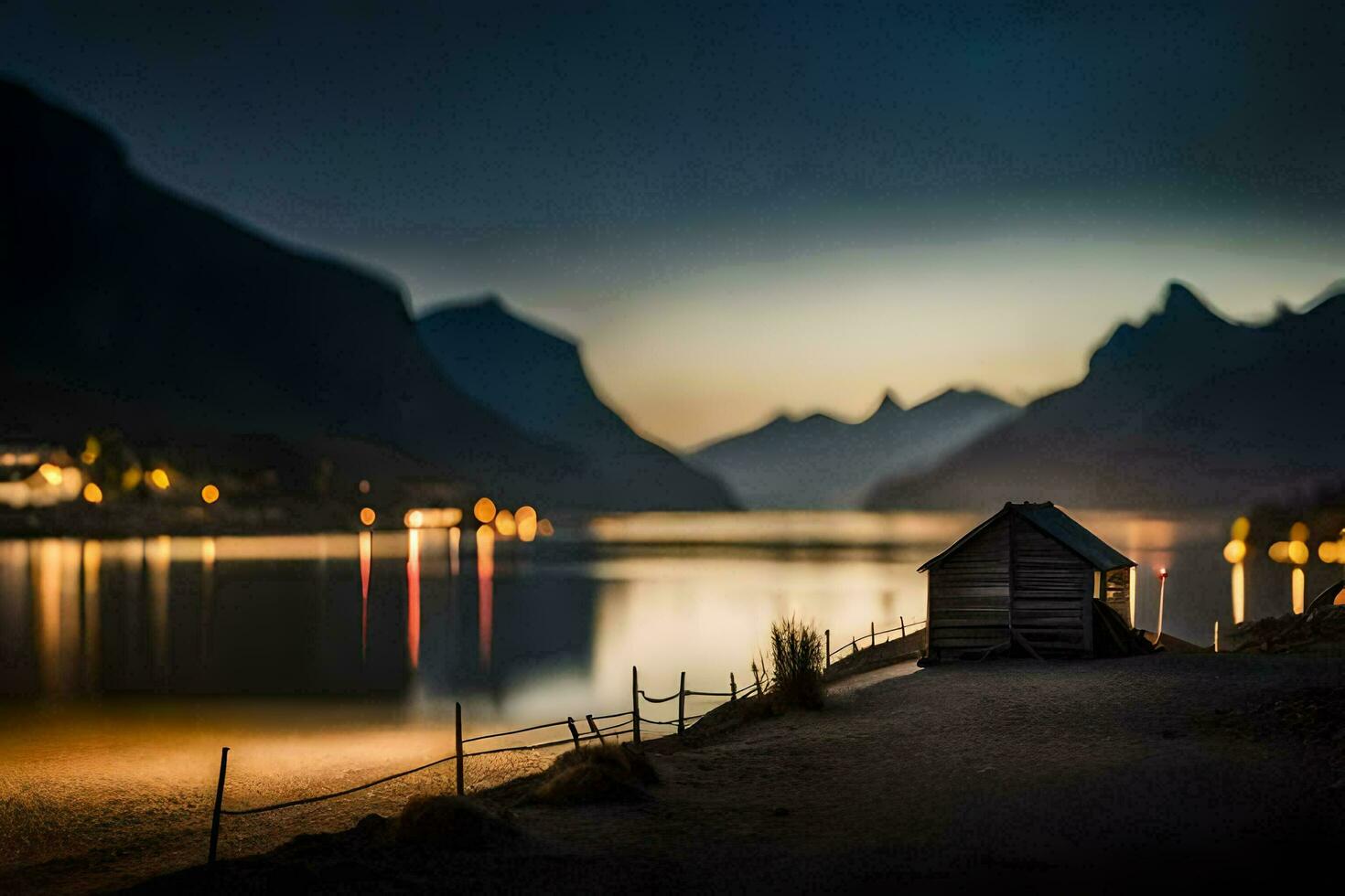 photo wallpaper the sky, mountains, lake, house, light, night, the lake, nor. AI-Generated