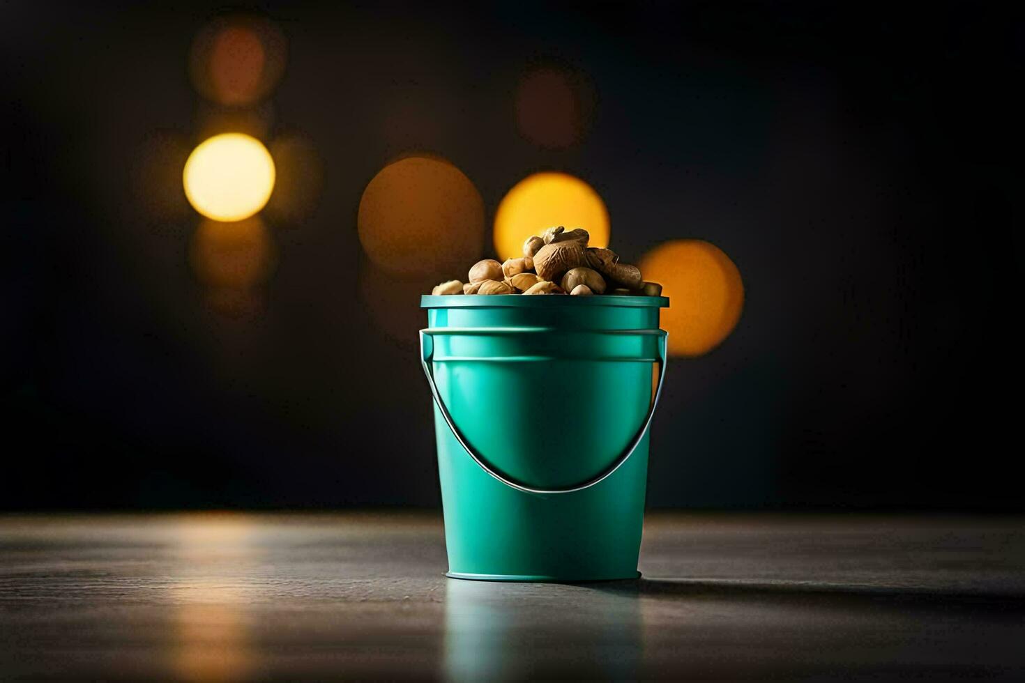 a bucket of peanuts on a table. AI-Generated photo