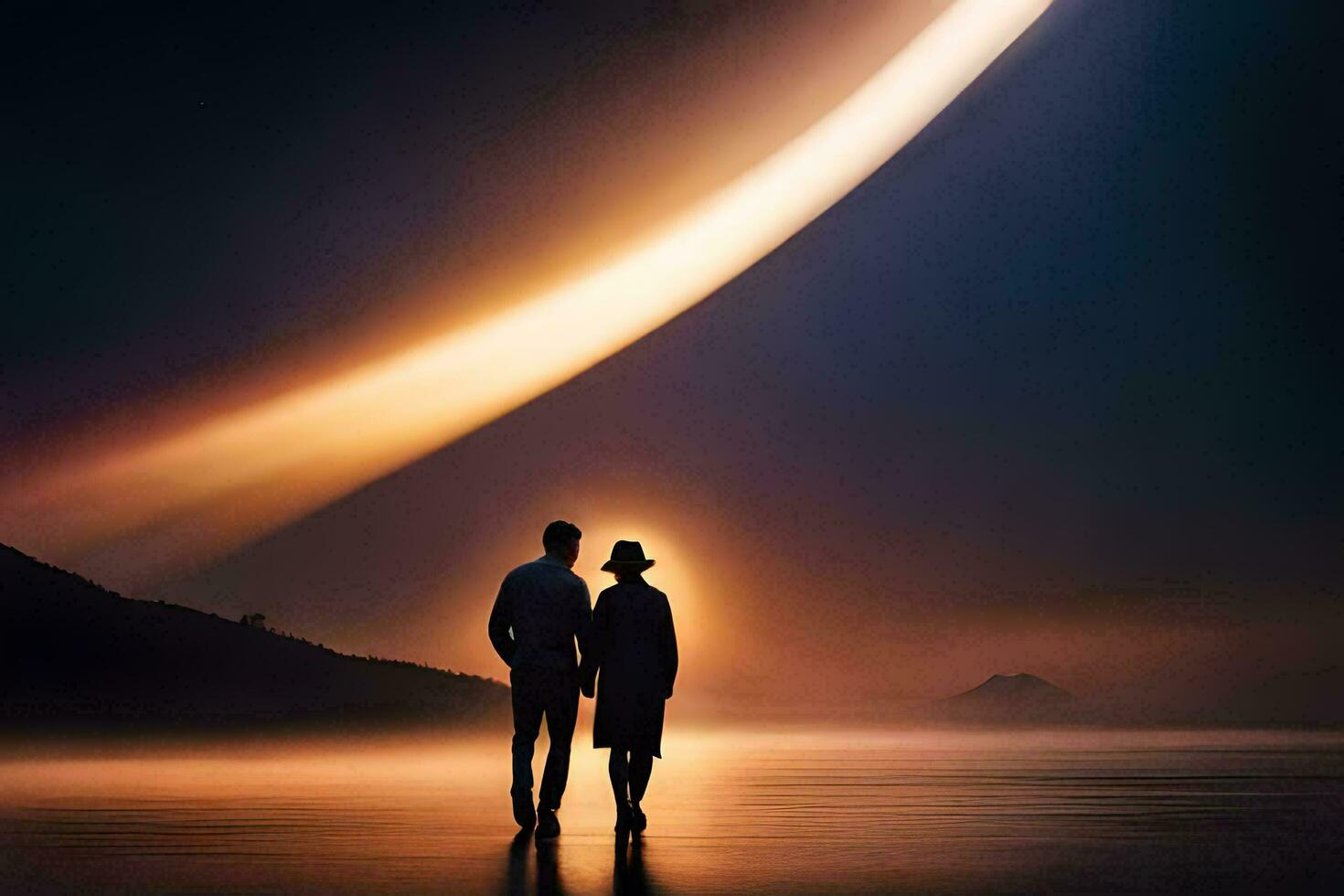 un Pareja en pie en el playa a puesta de sol. generado por ai foto