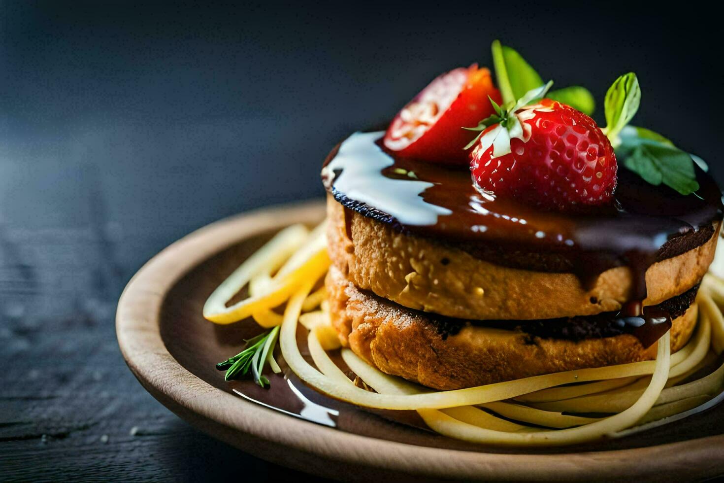a plate with a cake and strawberries on it. AI-Generated photo