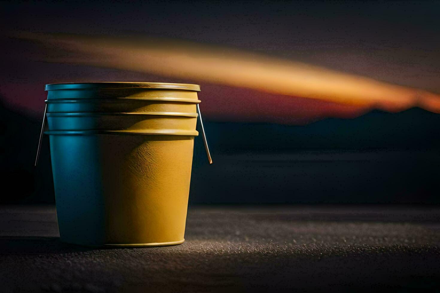 a yellow bucket sitting on the ground at sunset. AI-Generated photo