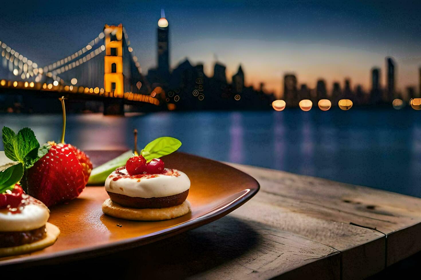 a plate with strawberries and a dessert on a table in front of a city skyline. AI-Generated photo