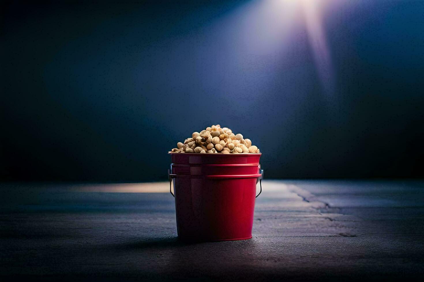a bucket of popcorn on a table in front of a spotlight. AI-Generated photo