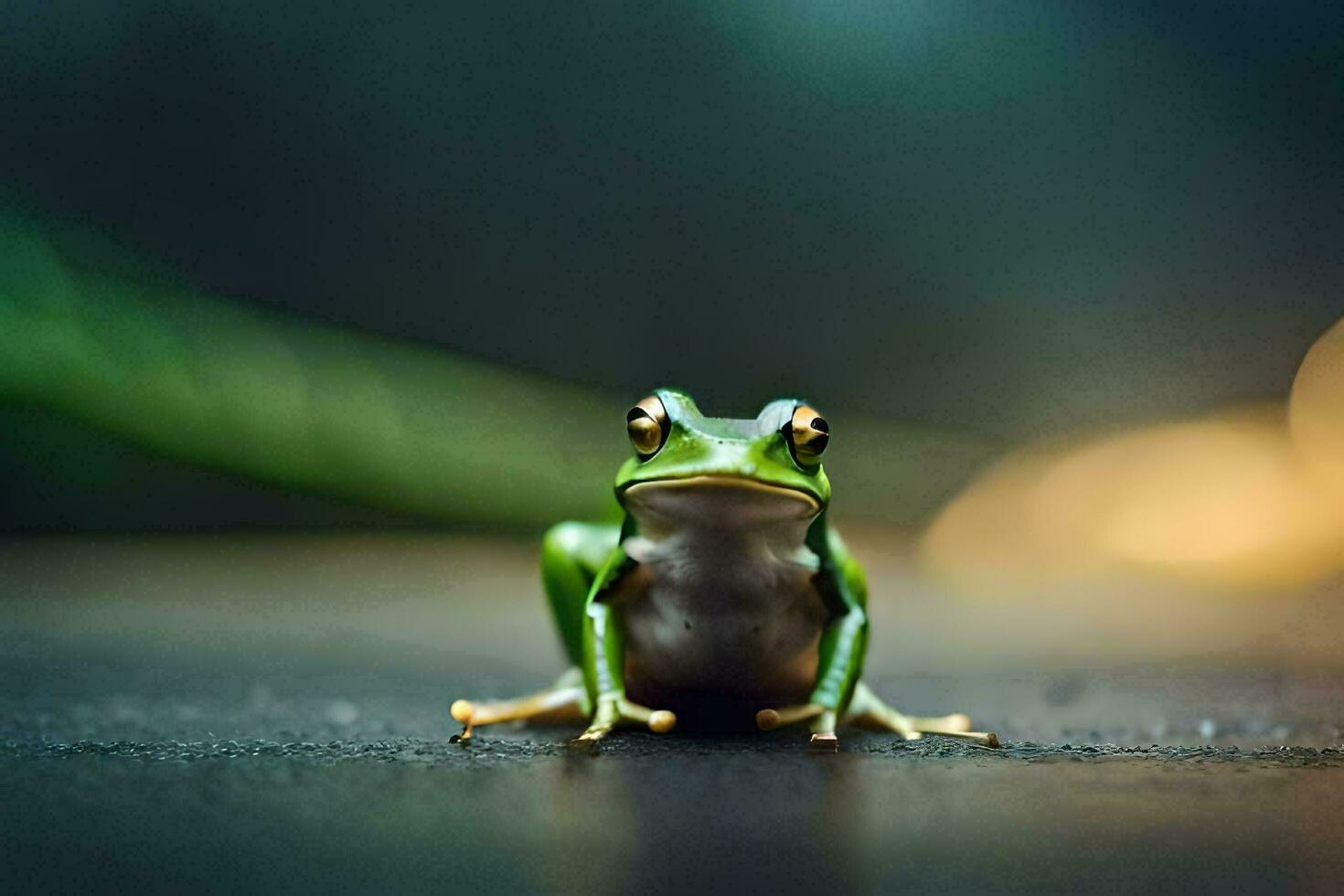 a frog sitting on the ground with a blurry background. AI-Generated photo