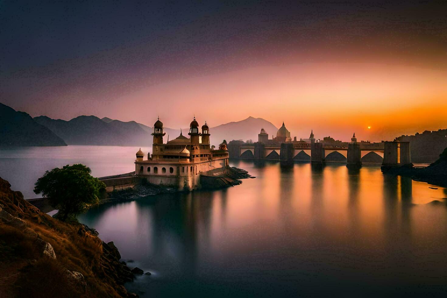 el puesta de sol terminado el puente en India. generado por ai foto