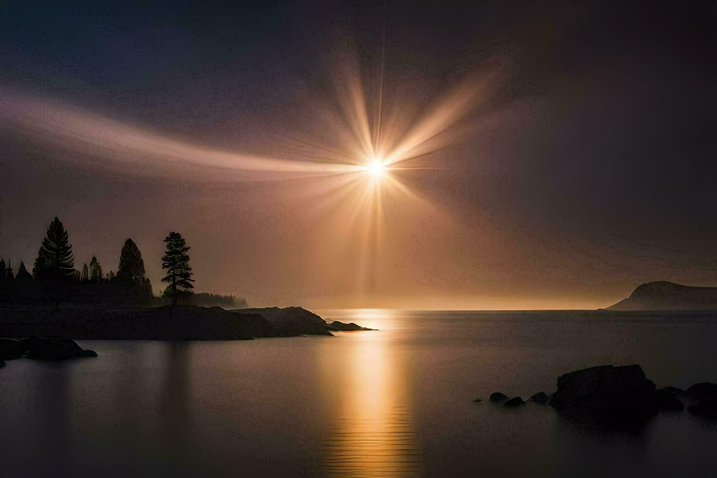the sun shines brightly over a lake and trees. AI-Generated photo
