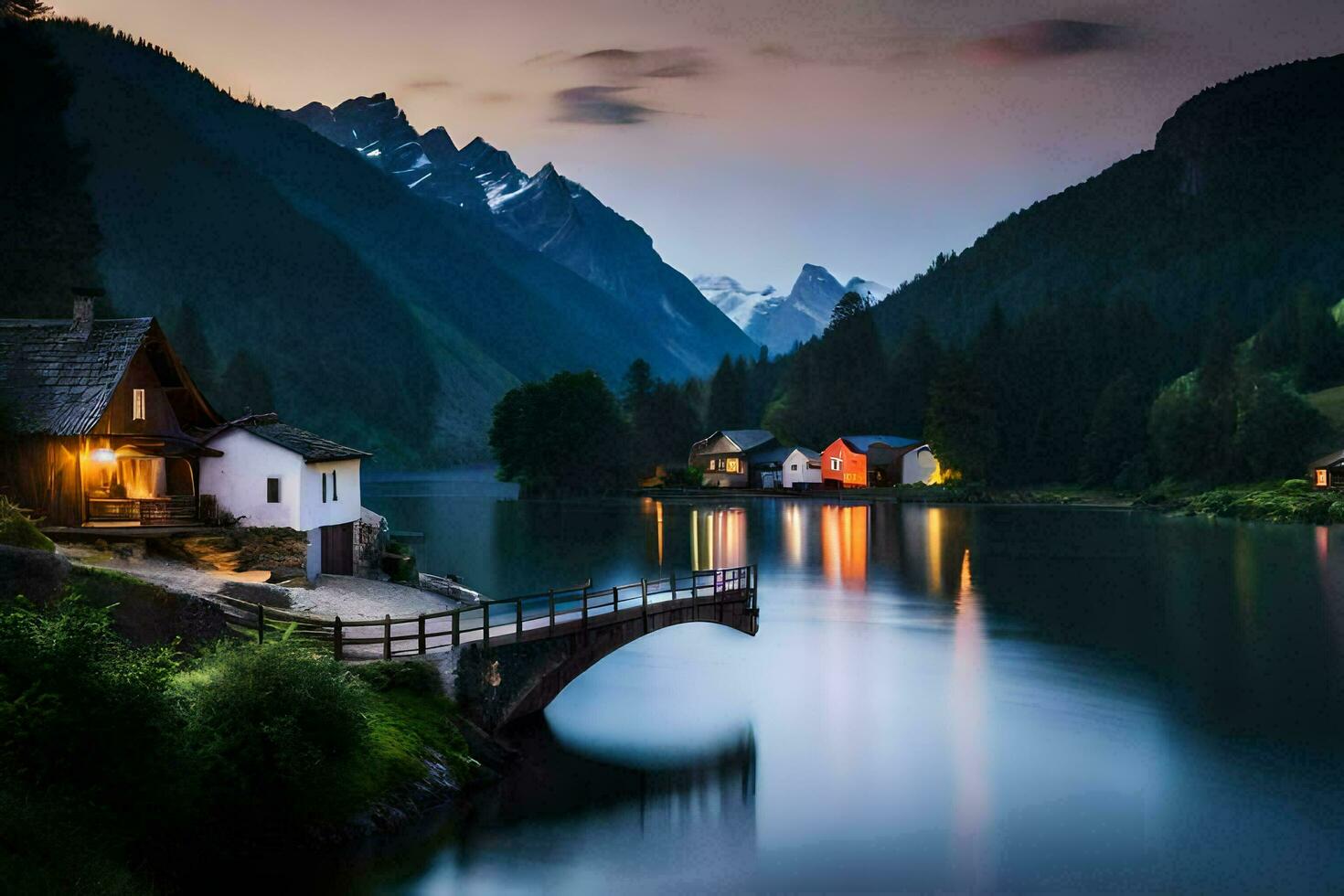 photo wallpaper the sky, mountains, lake, house, bridge, the mountains, the lake,. AI-Generated