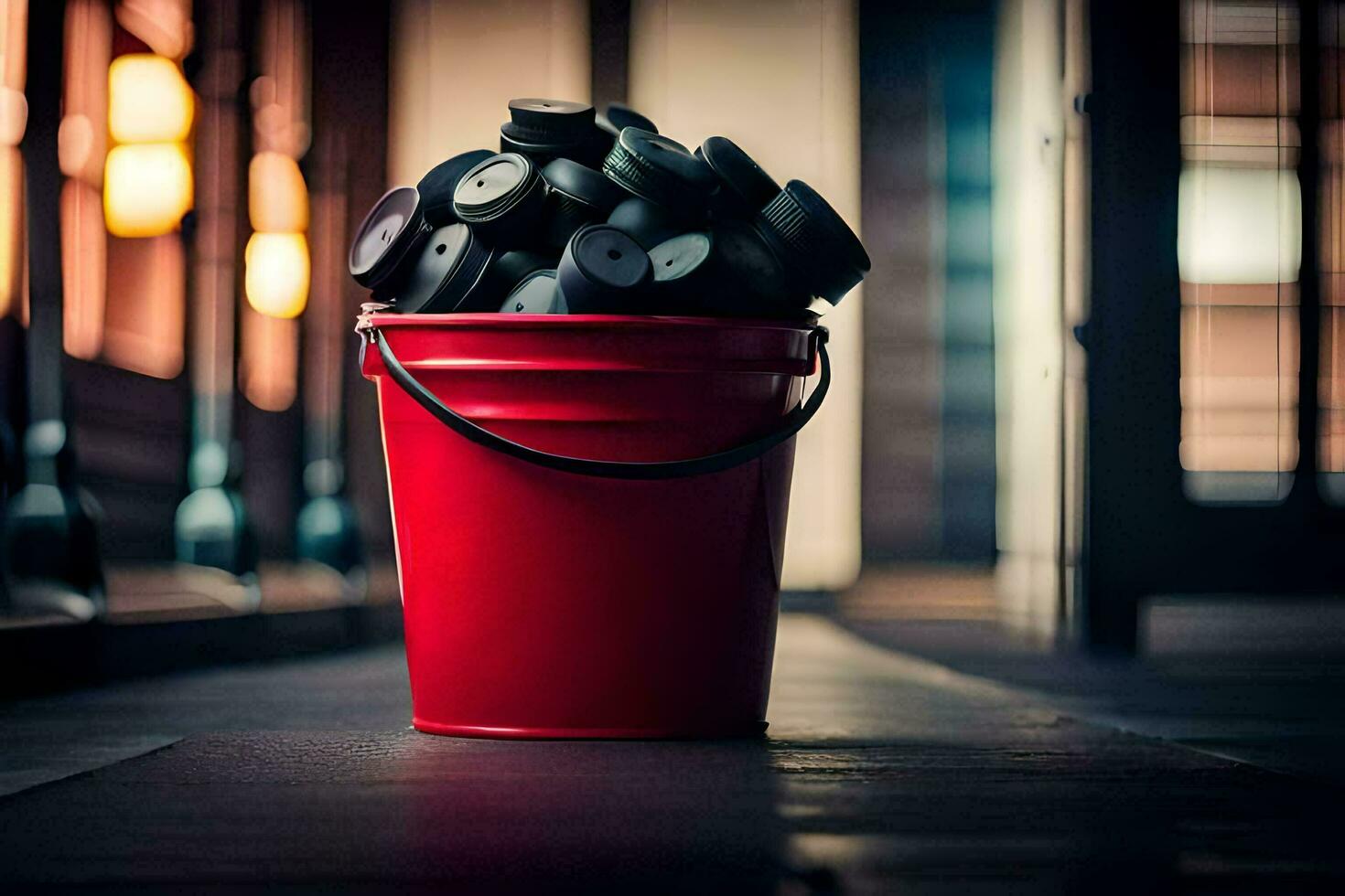 a red bucket filled with black rubber balls. AI-Generated photo